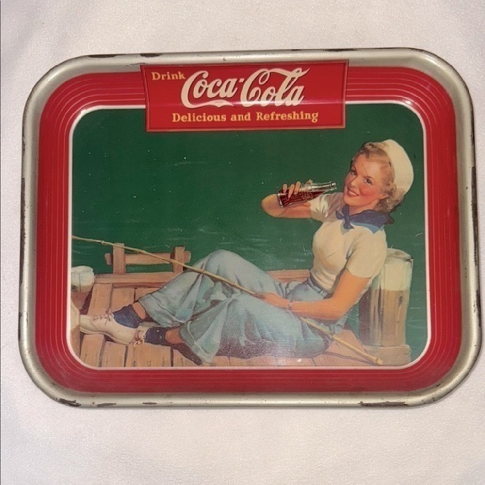 Coca-Cola 1940 Sailor Girl Tin Tray Vintage Decor Nautical Lady Fishing Pinup